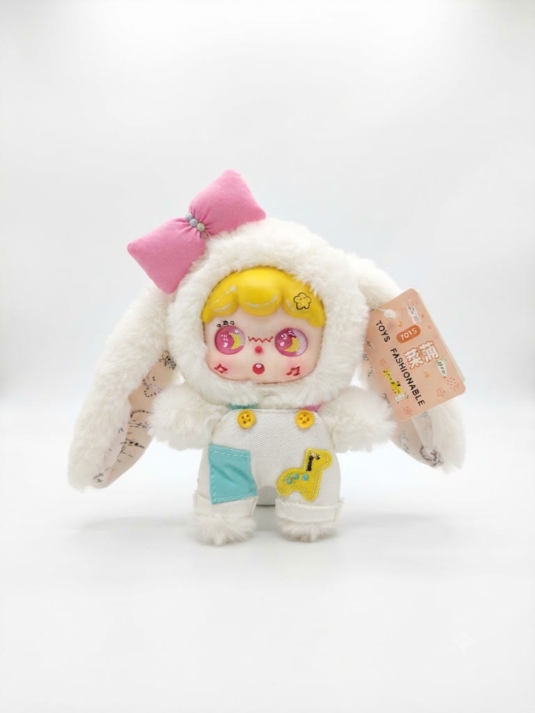 Playful White Bunny Designer Art Toy Plush Doll with Overalls & Bow