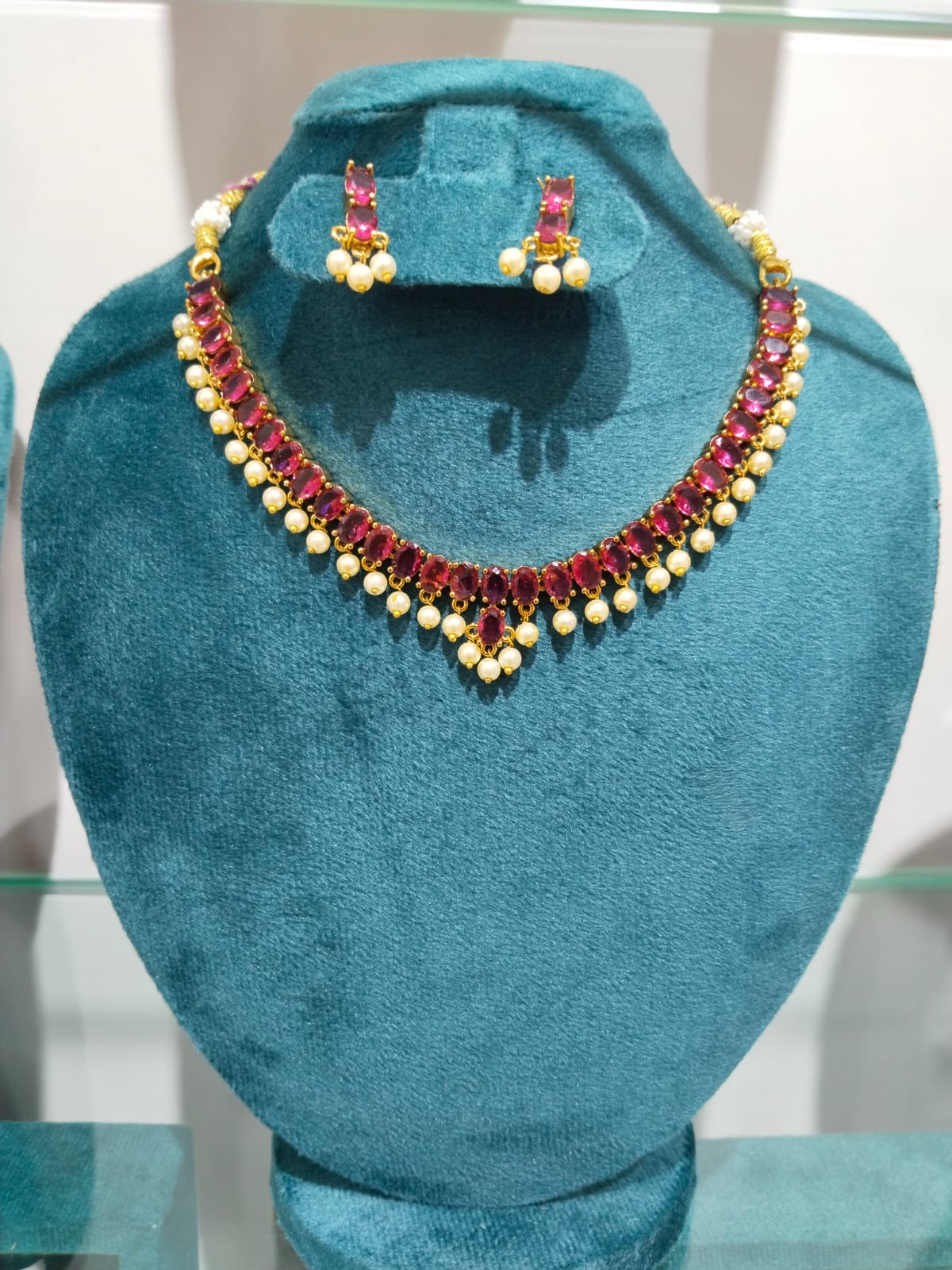 Royal Ruby-Pink Oval Stone & Pearl Drop Gold-Plated Necklace Set