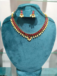 Royal Ruby-Pink Oval Stone & Pearl Drop Gold-Plated Necklace Set