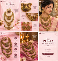PUPAA Premium Antique Gold Temple Jewellery Set – Necklace, Long Haram & Jhumkas