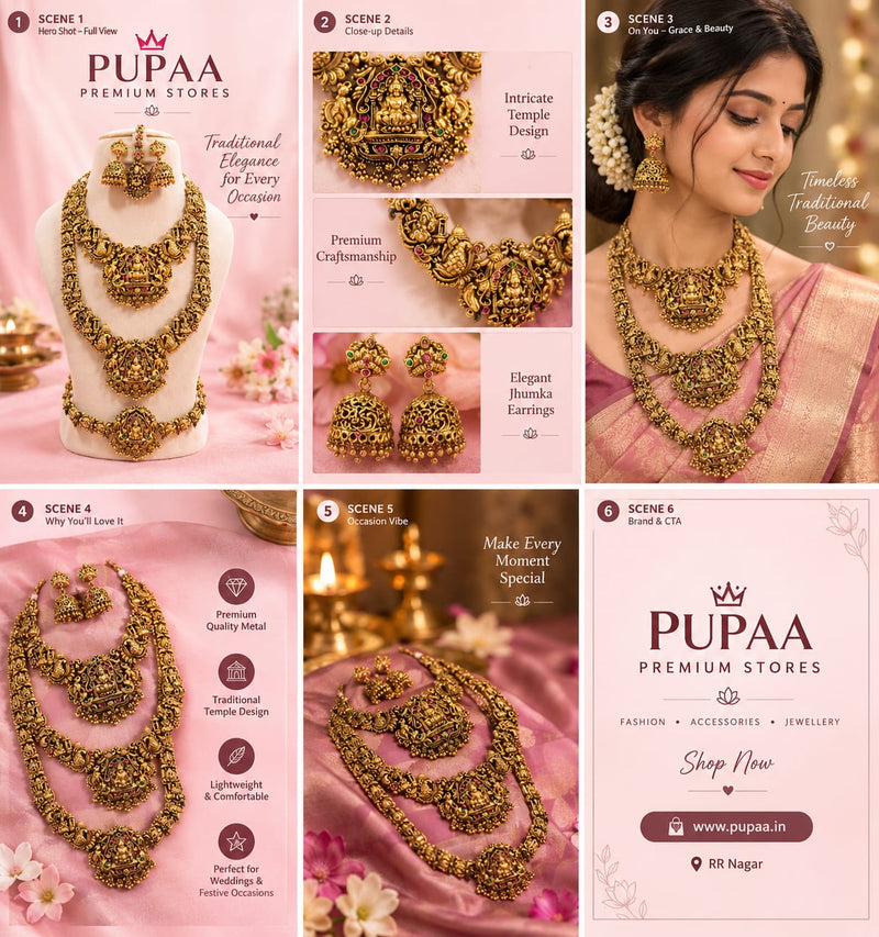 PUPAA Premium Antique Gold Temple Jewellery Set – Necklace, Long Haram & Jhumkas