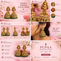 PUPAA Traditional Temple Jhumka Earrings with Ruby Pink Stones & Green Bead Drops