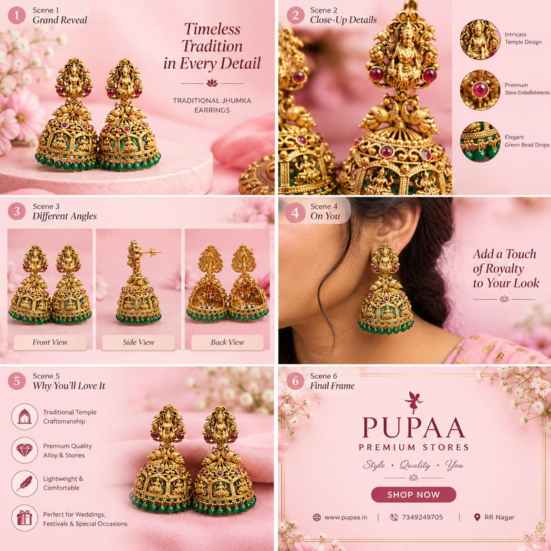 PUPAA Traditional Temple Jhumka Earrings with Ruby Pink Stones & Green Bead Drops