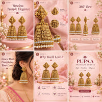 PUPAA Antique Temple Jhumka Earrings with Intricate Goddess Motifs & Pearl Drops