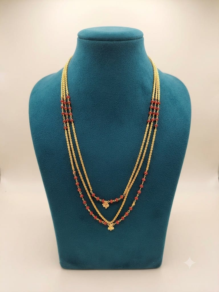 Traditional 2-Layer Coral Bead & Gold Chain Haram Necklace