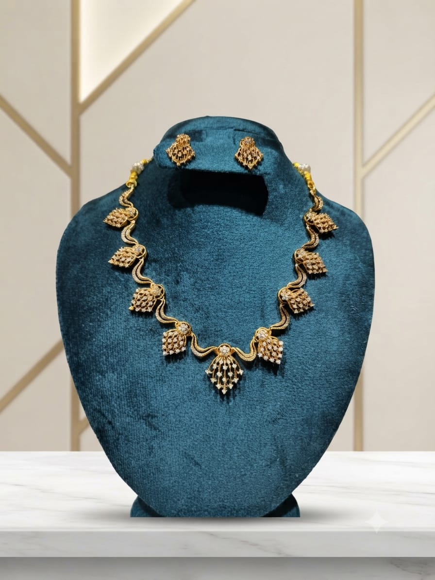 Royal Gold-Plated CZ Floral Necklace Set with Matching Stud Earrings