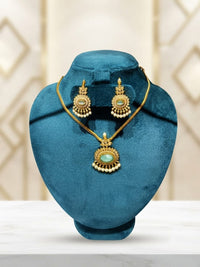 Antique Gold Mint Green Stone Pendant Necklace Set with Pearl Drops
