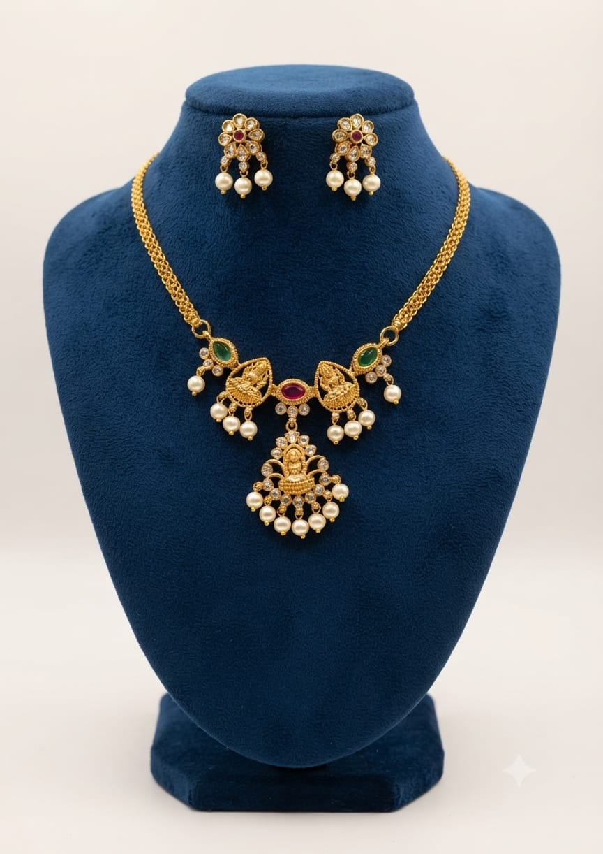 Traditional Peacock & Goddess Pendant Necklace Set with Pearl Earrings
