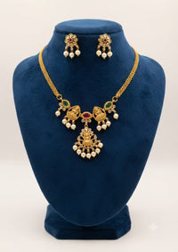 Traditional Peacock & Goddess Pendant Necklace Set with Pearl Earrings