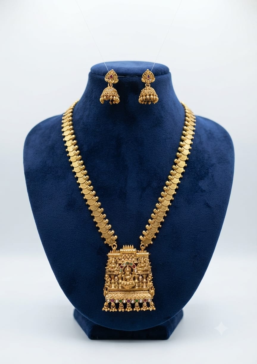 Traditional Antique Gold-Plated Lakshmi Kasu Haram & Jhumka Earrings Set