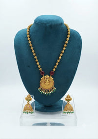 Antique Gold Temple Lakshmi Pendant Long Chain Set with Emerald & Pearl Jhumka Earrings