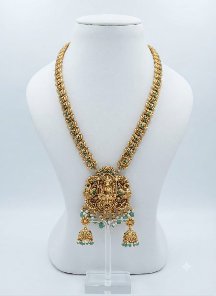 Antique Gold Peacock & Lakshmi Temple Haram Set with Green Emerald Accents & Jhumka Earrings