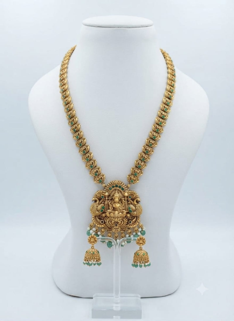 Antique Gold Peacock & Lakshmi Temple Haram Set with Green Emerald Accents & Jhumka Earrings