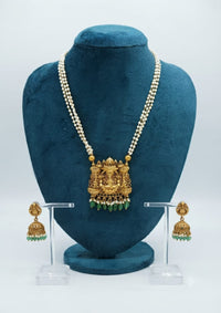 3-Layer Pearl Strand Long Necklace with Antique Gold Lakshmi Temple Pendant & Jhumka Set