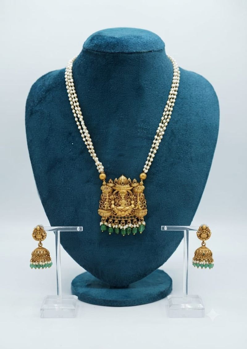 3-Layer Pearl Strand Long Necklace with Antique Gold Lakshmi Temple Pendant & Jhumka Set