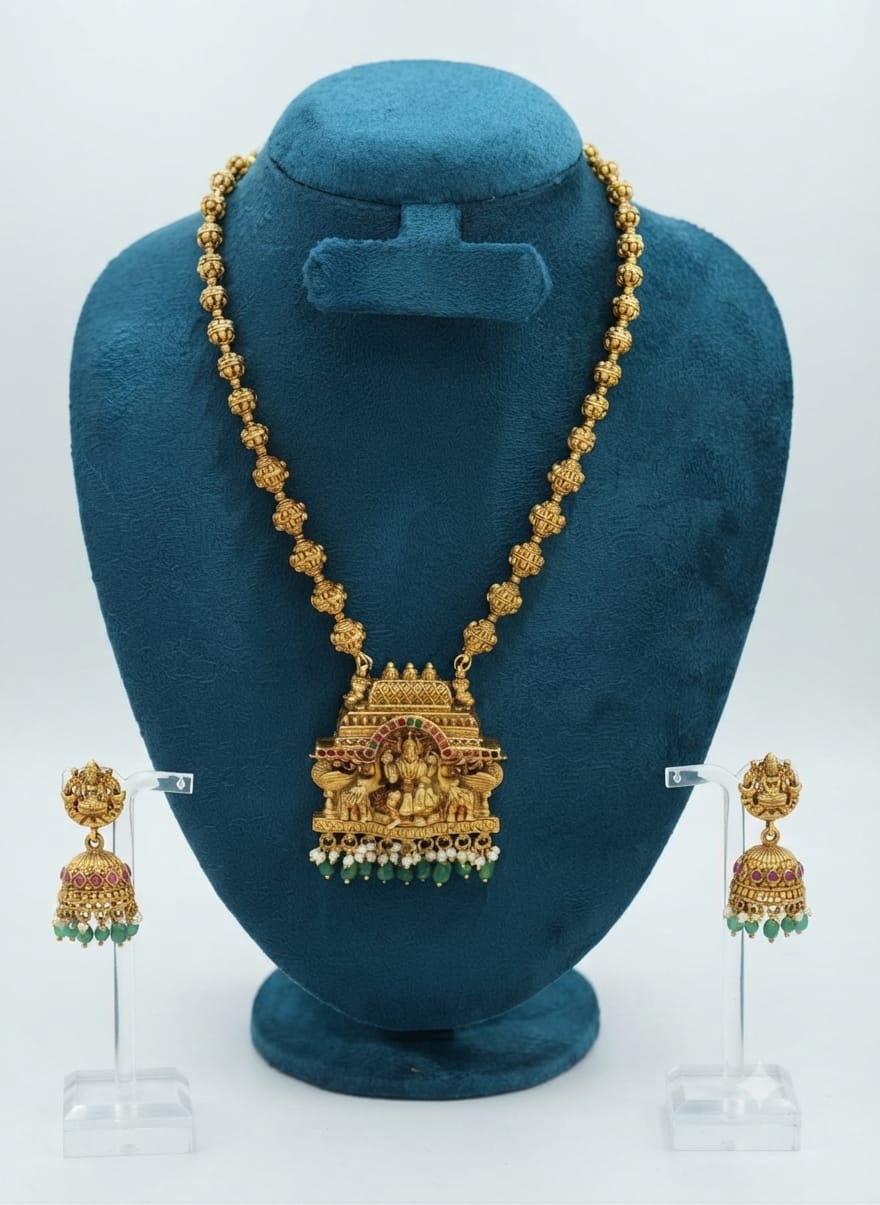 Antique Gold Temple Lakshmi Gutta Pusalu Ball Chain Necklace & Jhumka Set