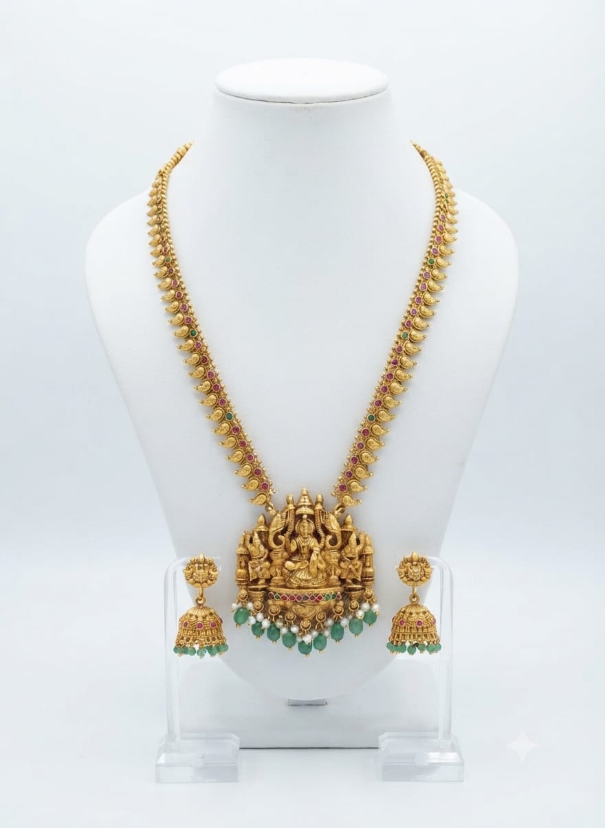 Antique Gold Mango Motif (Manga Malai) Temple Haram Set with Lakshmi Pendant & Jhumka Earrings
