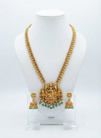Antique Gold Mango Motif (Manga Malai) Temple Haram Set with Lakshmi Pendant & Jhumka Earrings