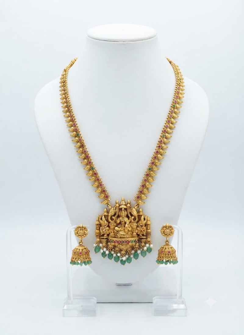 Antique Gold Mango Motif (Manga Malai) Temple Haram Set with Lakshmi Pendant & Jhumka Earrings