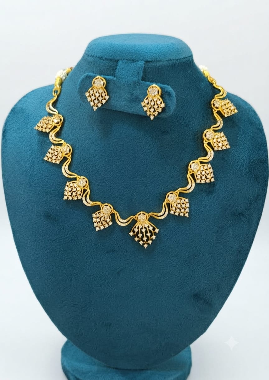 Gold-Plated Cubic Zirconia Wave & Cluster Drop Necklace Set with Matching Earrings