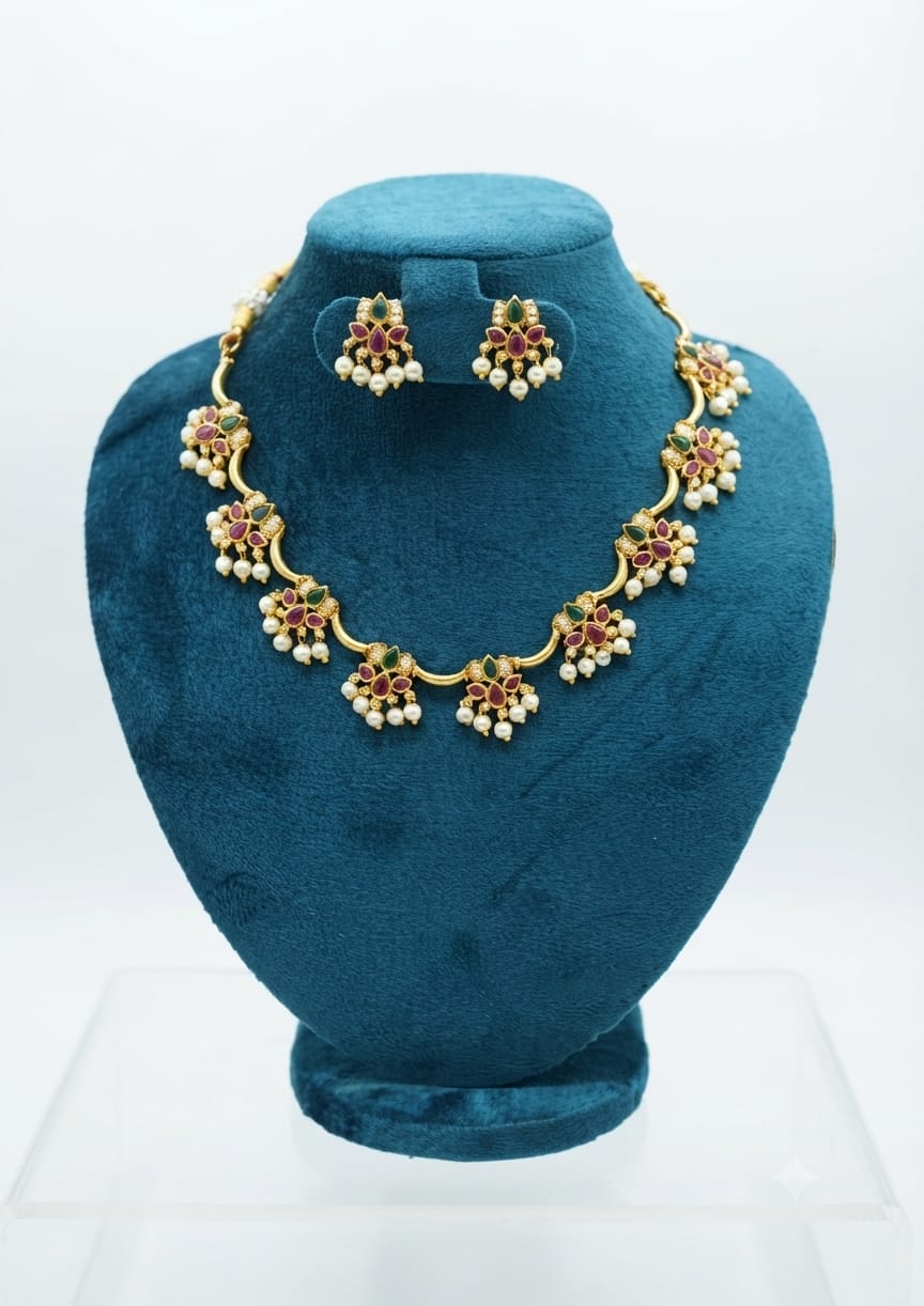 Gold-Plated Ruby & Emerald Kemp Floral Cluster Short Necklace Set with Pearl Drops