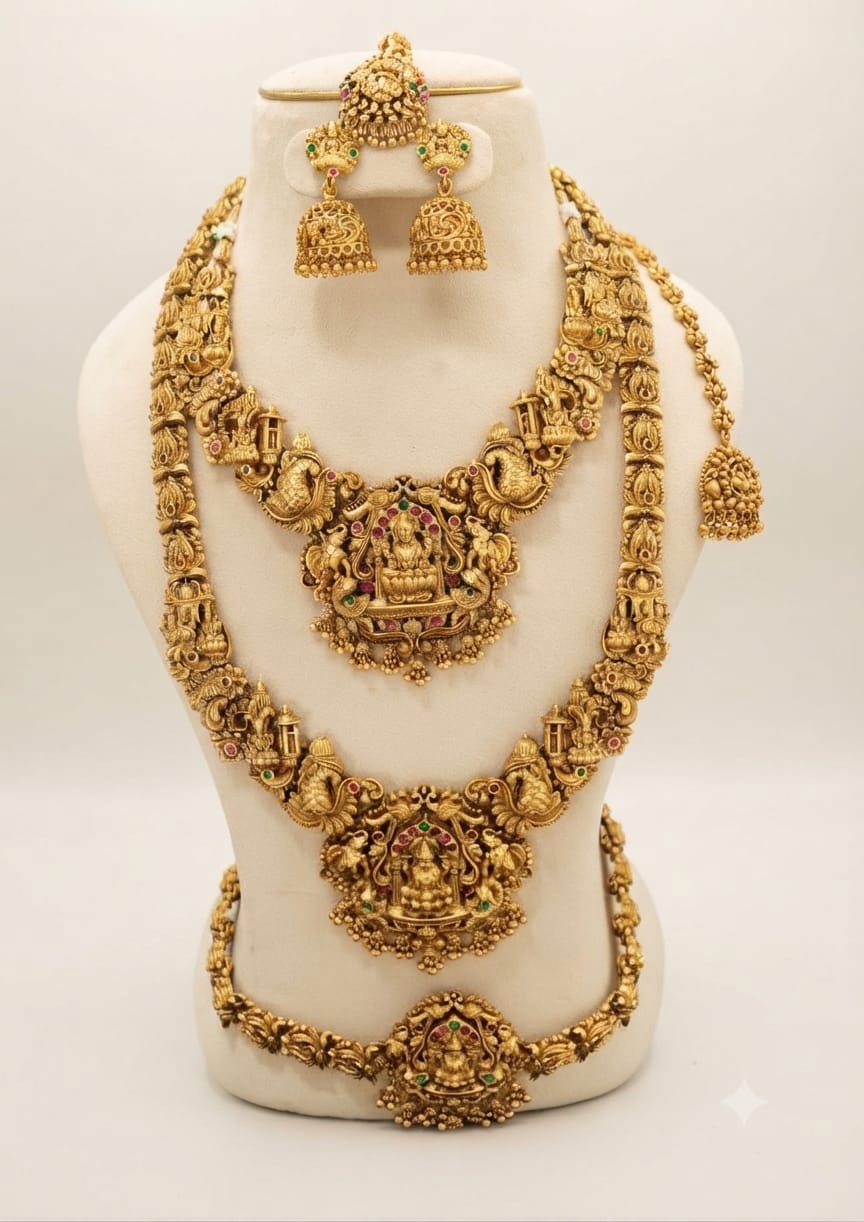 PUPAA Premium Antique Gold Temple Jewellery Set – Necklace, Long Haram & Jhumkas