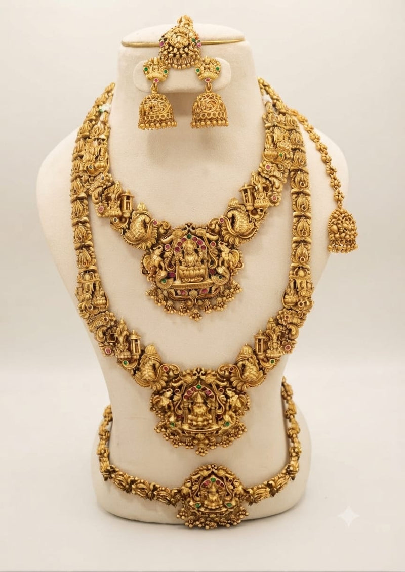 PUPAA Premium Antique Gold Temple Jewellery Set – Necklace, Long Haram & Jhumkas