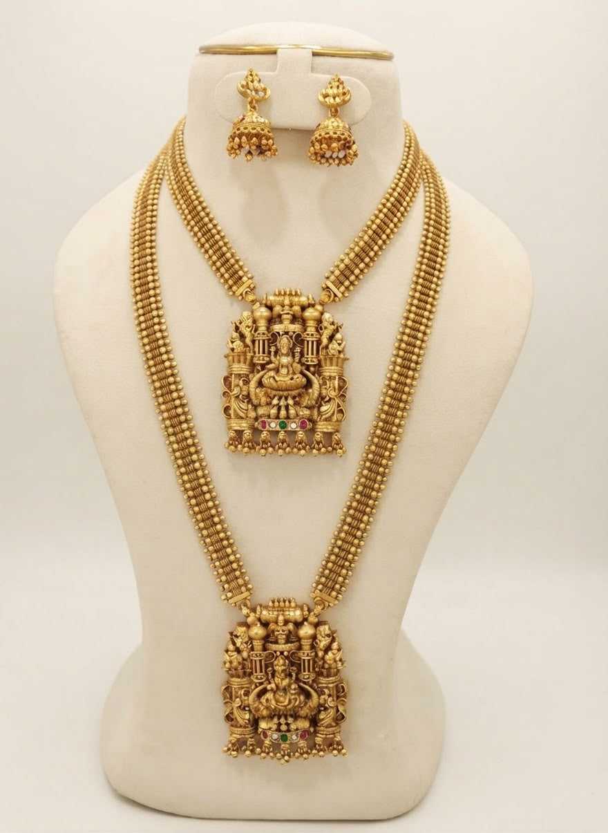 Grand Antique Gold Dual Temple Combo Jewellery Set with Lakshmi Pendants & Jhumka Earrings