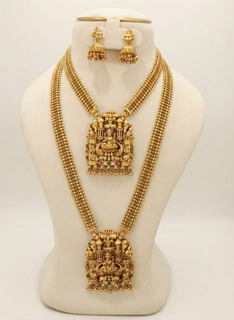 Grand Antique Gold Dual Temple Combo Jewellery Set with Lakshmi Pendants & Jhumka Earrings
