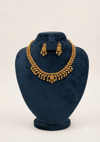 Antique Gold Matte Floral Bead Drop Short Necklace Set with Matching Earrings