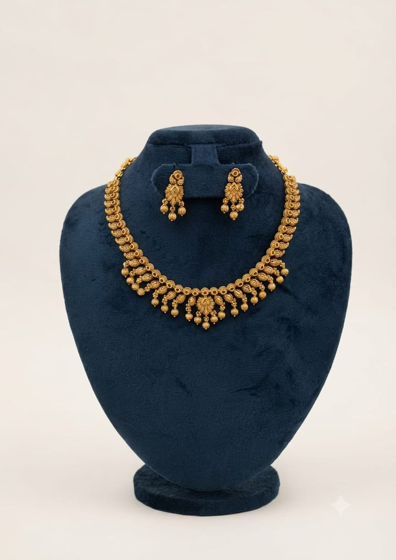 Antique Gold Matte Floral Bead Drop Short Necklace Set with Matching Earrings