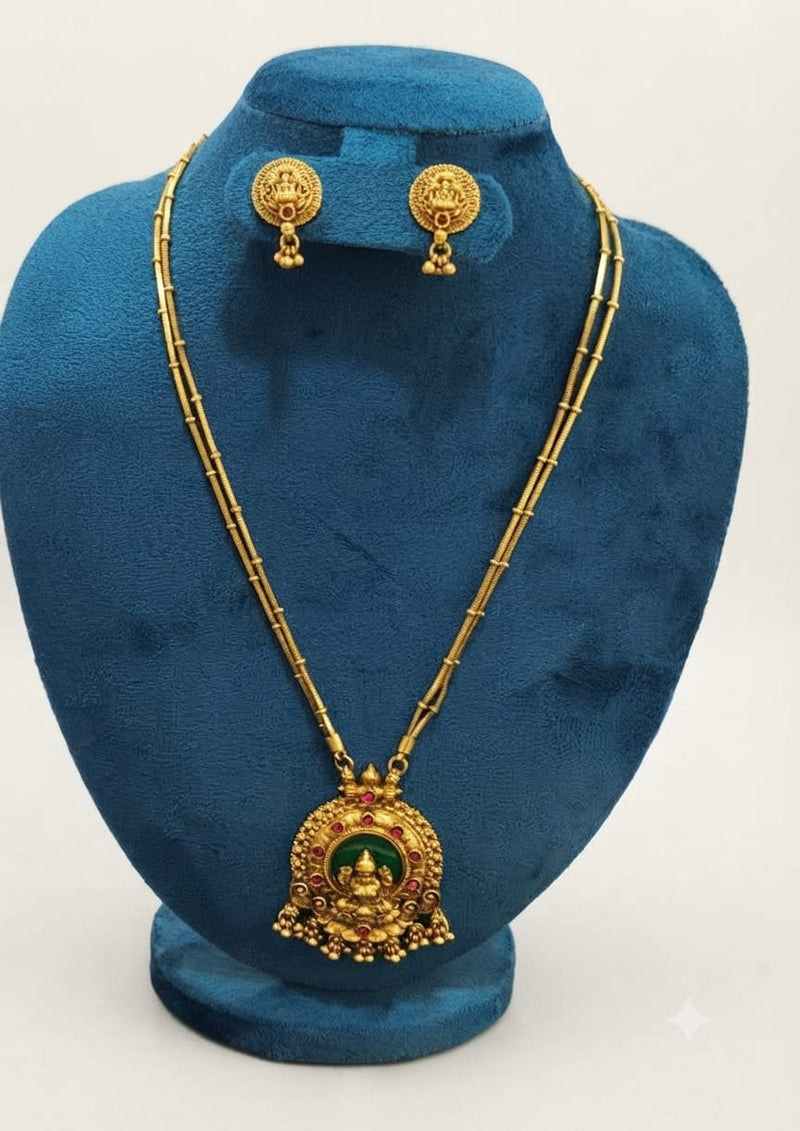 Antique Gold Dual-Strand Snake Chain Temple Lakshmi Pendant Set with Matching Stud Earrings