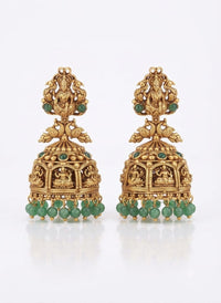PUPAA Traditional Temple Jhumka Earrings with Ruby Pink Stones & Green Bead Drops