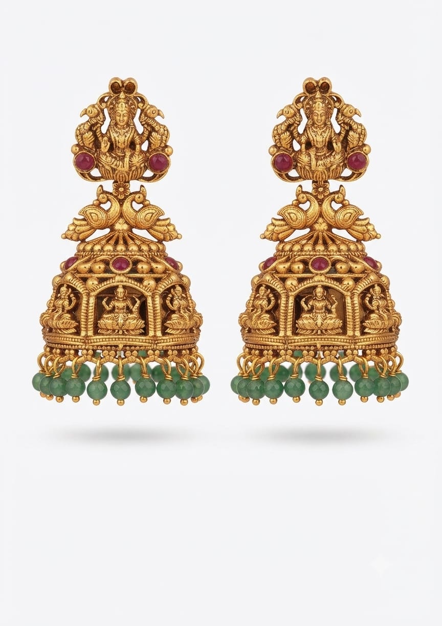 PUPAA Traditional Temple Jhumka Earrings with Ruby Pink Stones & Green Bead Drops