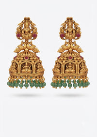 PUPAA Traditional Temple Jhumka Earrings with Ruby Pink Stones & Green Bead Drops