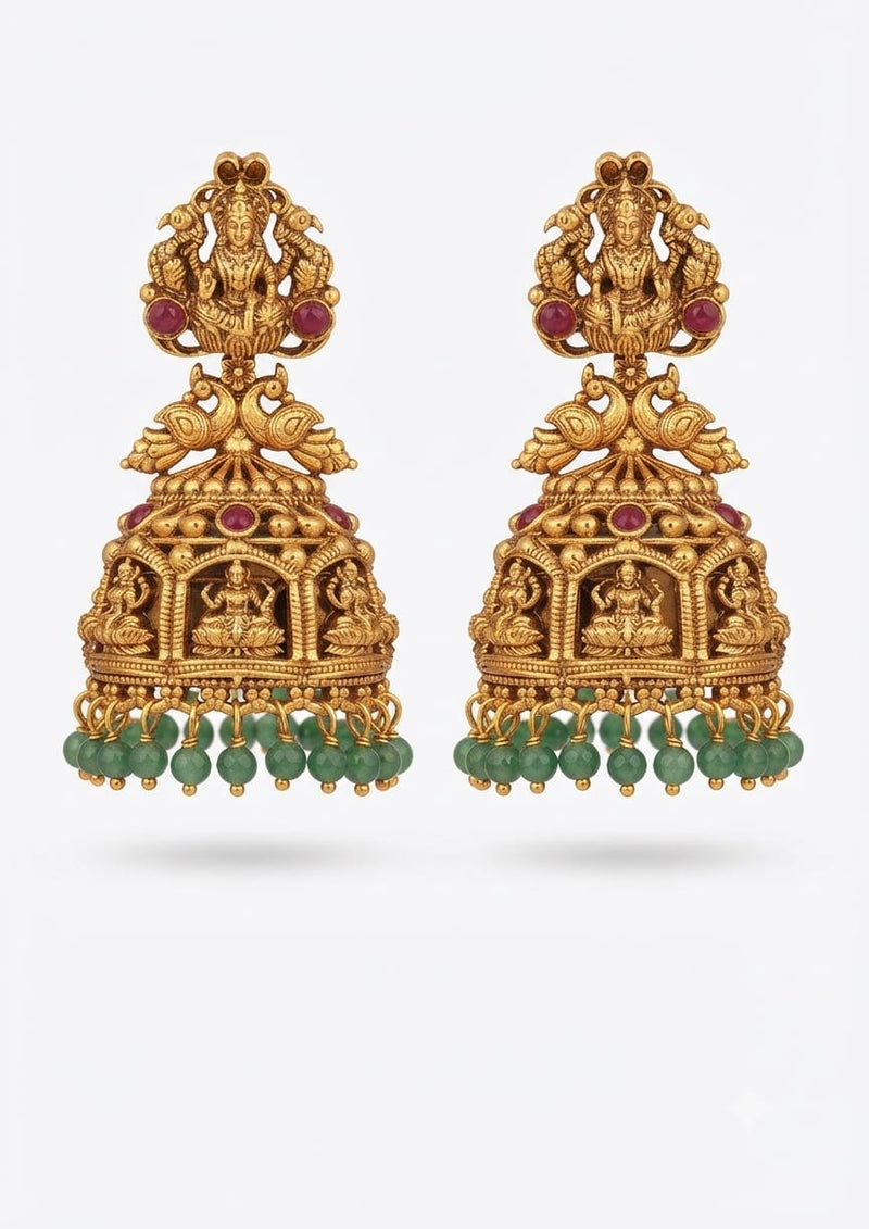 PUPAA Traditional Temple Jhumka Earrings with Ruby Pink Stones & Green Bead Drops