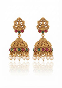 Antique Gold Temple Lakshmi Jhumka Earrings with Pearls & Cabochon Stones