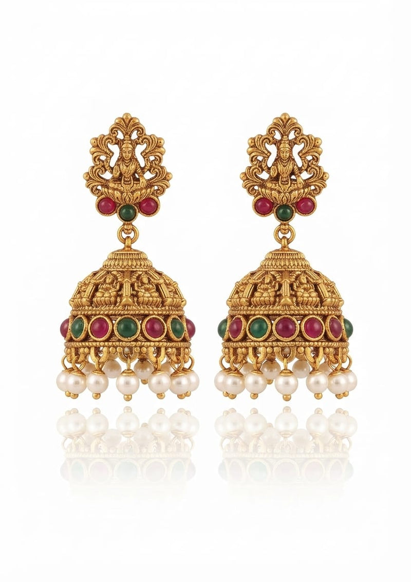 Antique Gold Temple Lakshmi Jhumka Earrings with Pearls & Cabochon Stones