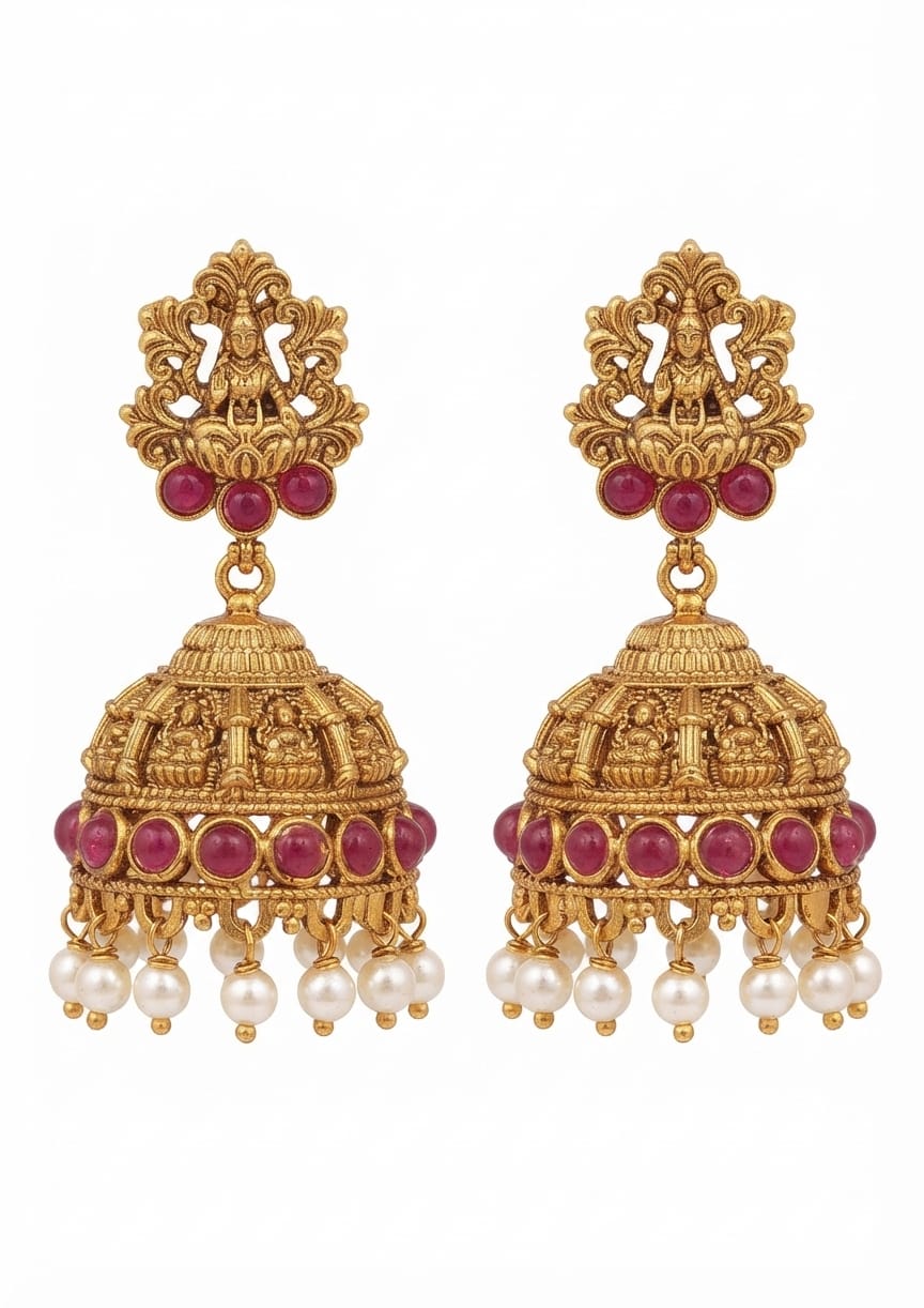 Antique Gold Temple Lakshmi Jhumka Earrings with Pearls & Cabochon Stones
