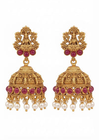 Antique Gold Temple Lakshmi Jhumka Earrings with Pearls & Cabochon Stones