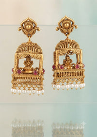 Antique Gold Temple Mantap Lakshmi Jhumka Earrings with Ruby Stones & Pearl Drop