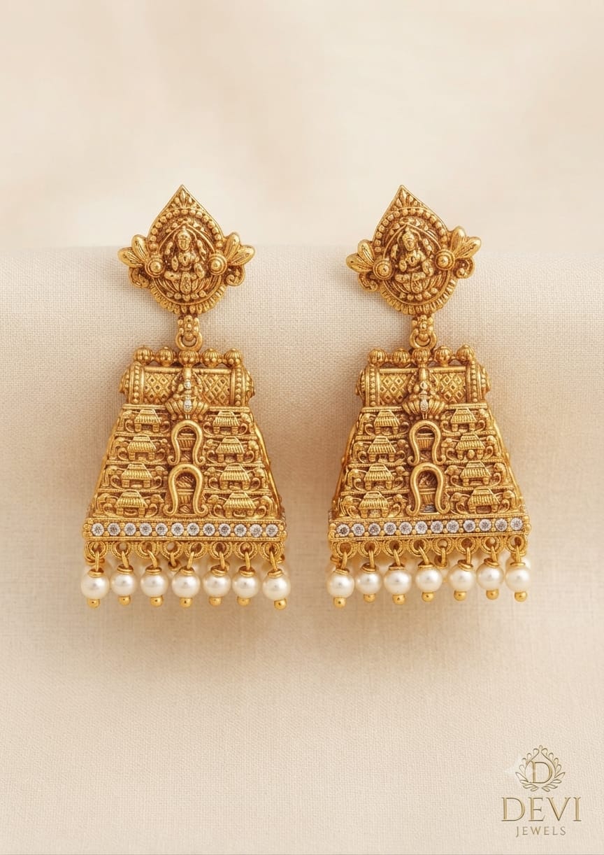 PUPAA Antique Temple Jhumka Earrings with Intricate Goddess Motifs & Pearl Drops
