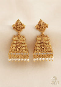 PUPAA Antique Temple Jhumka Earrings with Intricate Goddess Motifs & Pearl Drops