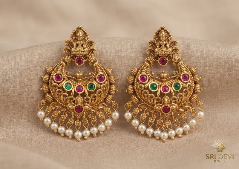 Antique Gold Temple Lakshmi Chandbali Earrings with Cabochon Stones & Drops
