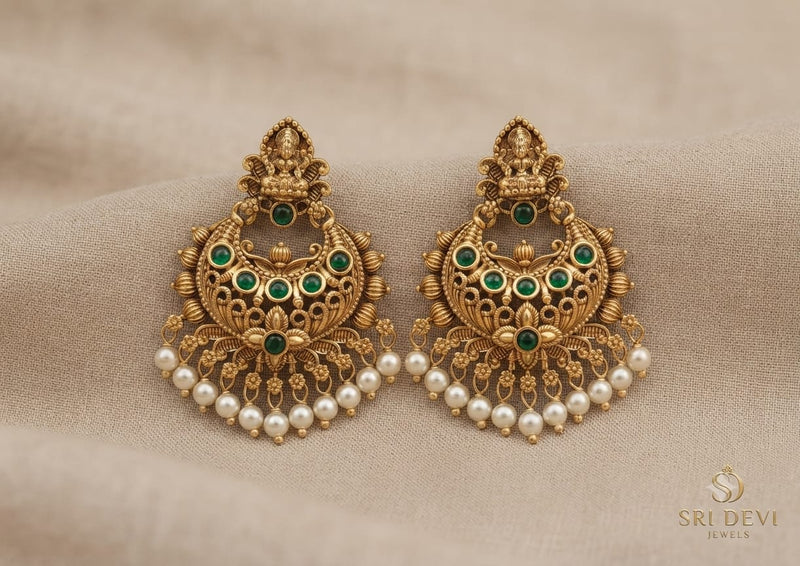 Antique Gold Temple Lakshmi Chandbali Earrings with Cabochon Stones & Drops