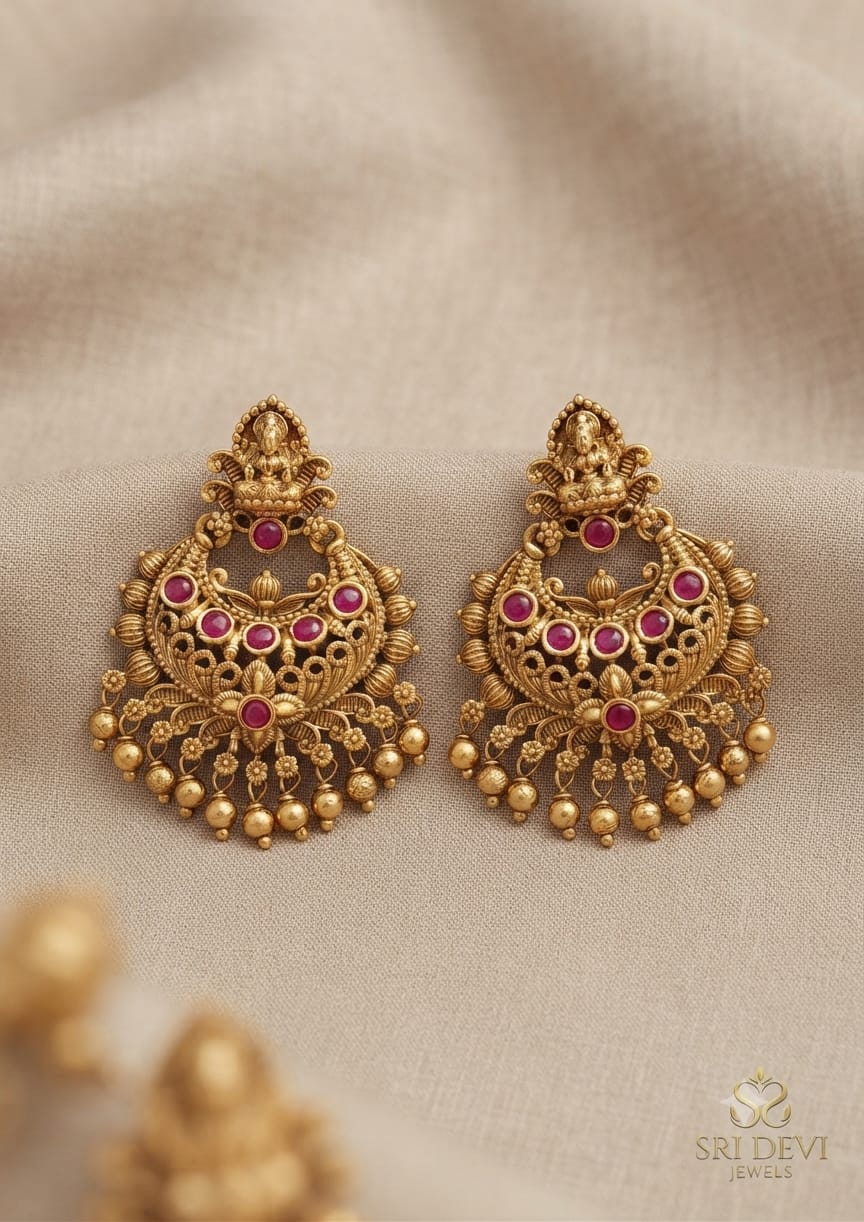 Antique Gold Temple Lakshmi Chandbali Earrings with Cabochon Stones & Drops