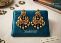 PUPAA Heritage Antique Gold Temple Lakshmi Crescent Earrings with Textured Gold Bead Tassels
