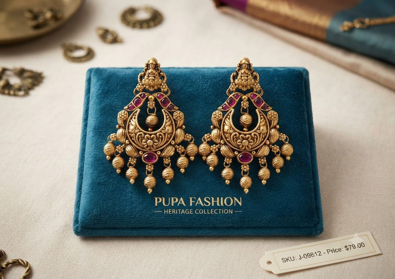 PUPAA Heritage Antique Gold Temple Lakshmi Crescent Earrings with Textured Gold Bead Tassels