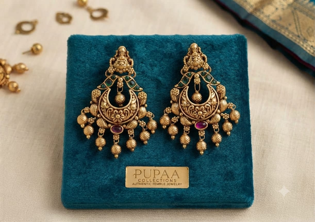 PUPAA Heritage Antique Gold Temple Lakshmi Crescent Earrings with Textured Gold Bead Tassels