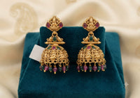 PUPAA Heritage Antique Gold Temple Lakshmi & Peacock Jhumka Earrings with Faceted Bead Drops
